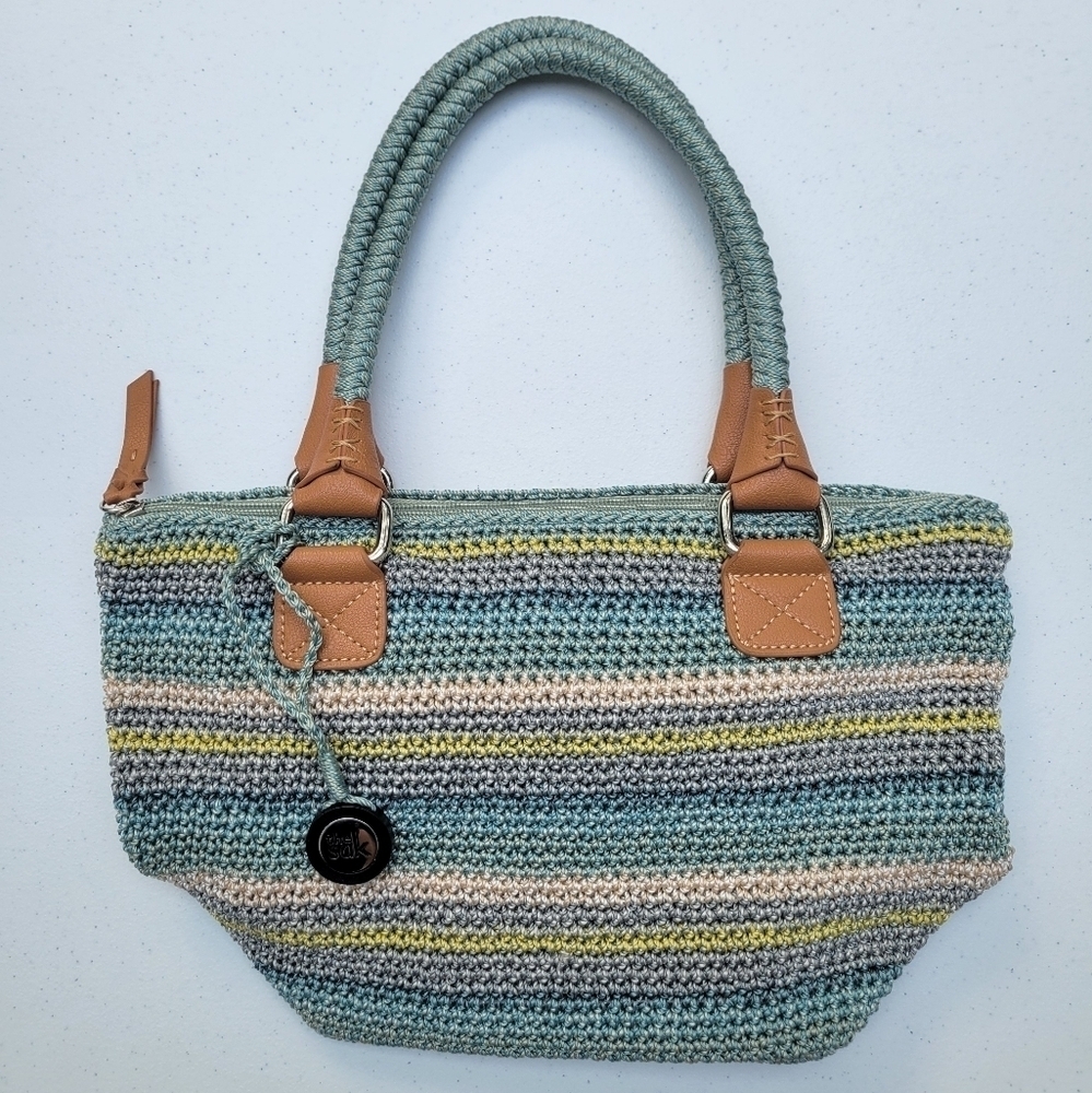 The Sak Crochet Shoulder Bag in Seafoam, Light Blue, Tan & Yellow